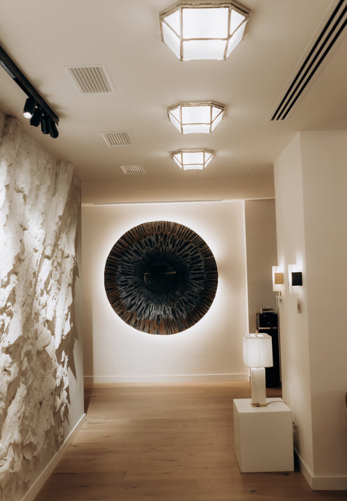 Morris Flush Mount, a premium Flush Mount light by Visual Comfort & Co. Close - up image of its design.