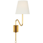 Griffin Articulating Sconce in Hand-Rubbed Antique Brass and Saddle Leather with Linen Shade