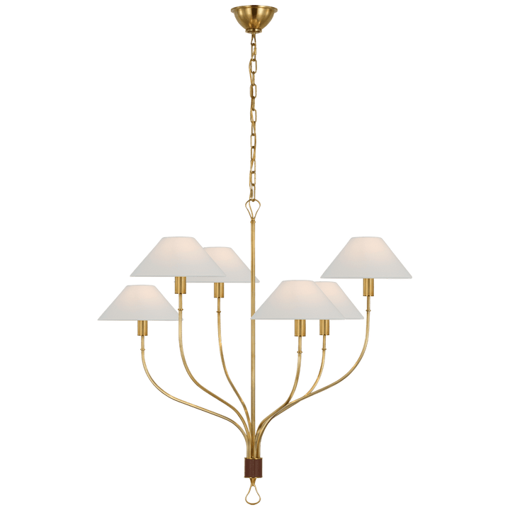 Griffin Large Staggered Tail Chandelier in Hand-Rubbed Antique Brass and Saddle Leather with Linen Shades