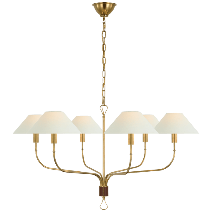 Griffin Extra Large Tail Chandelier in Hand-Rubbed Antique Brass and Saddle Leather with Linen Shades
