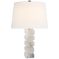 Square Chunky Stacked Table Lamp in Alabaster with Linen Shade