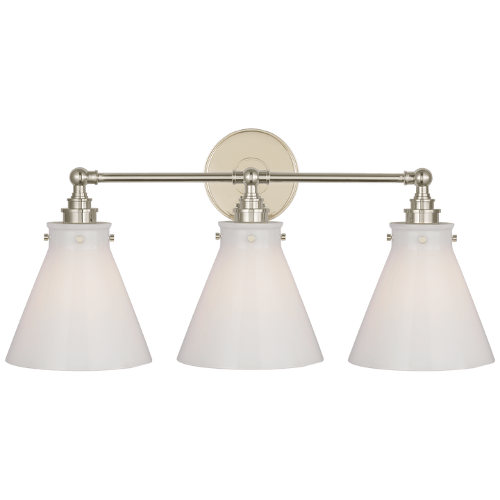 Parkington 24" Three Light Bath Bar in Polished Nickel with White Glass
