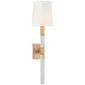 Reagan Medium Tail Sconce in Antique-Burnished Brass and Crystal with Linen Shade