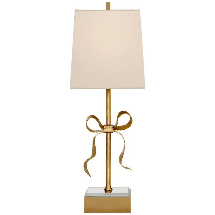 Ellery Gros-Grain Bow Table Lamp in Soft Brass and Mirror with Cream Linen Shade