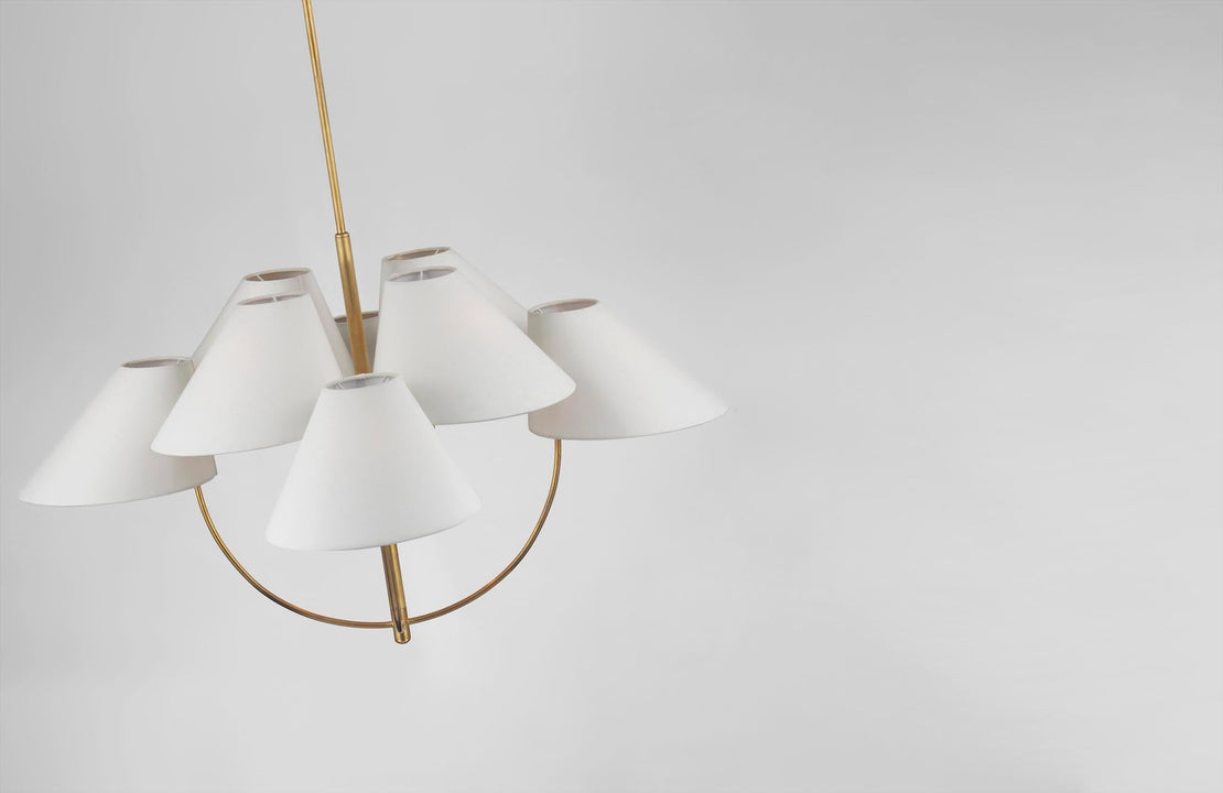 Kinsley Large Two-Tier Chandelier in Soft Brass with Linen Shades