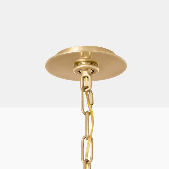 Rigby Grande Chandelier in Soft Brass and Natural Oak with Linen Shade