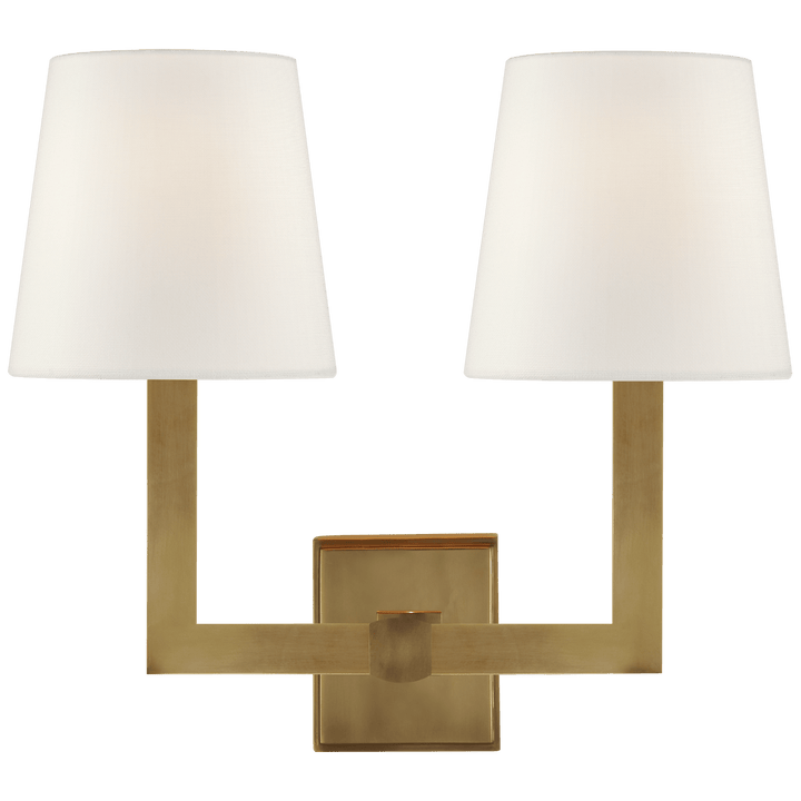 Square Tube Double Sconce in Hand-Rubbed Antique Brass with Linen Shades
