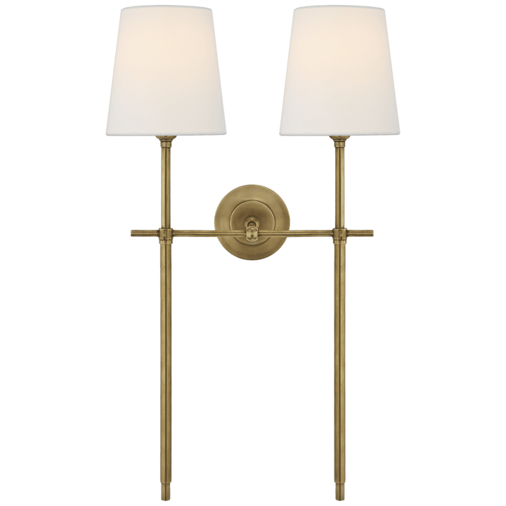 Bryant Large Double Tail Sconce in Hand-Rubbed Antique Brass with Linen Shades