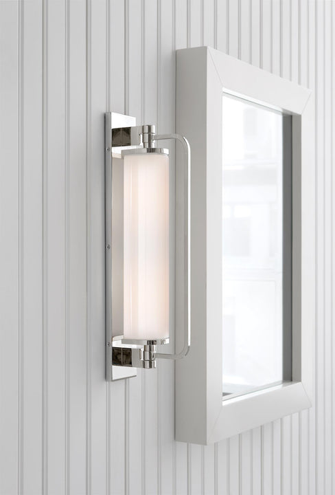 Keeley Tall Pivoting Sconce, a premium Bath light by Visual Comfort. Close - up image of its design.