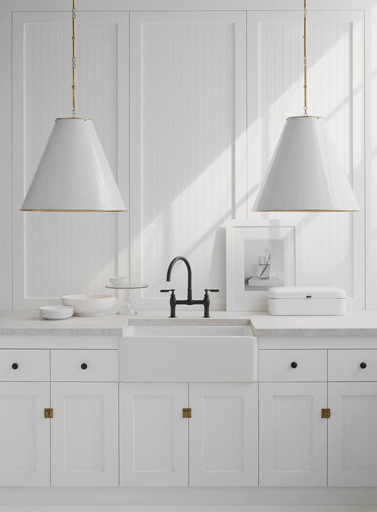 Goodman Large Hanging Lamp in Hand-Rubbed Antique Brass with Antique White Shade