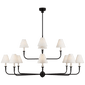 Piaf Grande Two-Tier Chandelier in Aged Iron and Ebonized Oak with Linen Shades