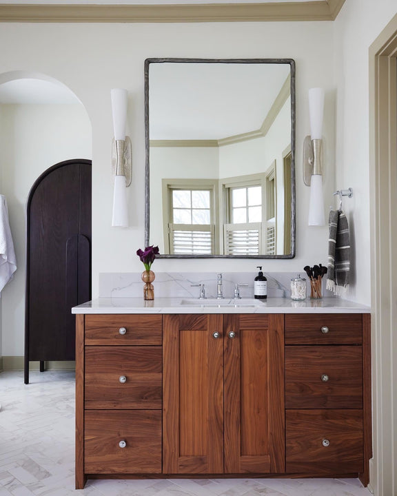 Utopia 32" Double Bath Sconce, a premium Bath light by Visual Comfort & Co. Close - up image of its design.