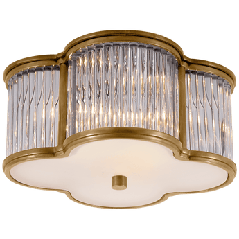 Basil Small Flush Mount in Natural Brass and Clear Glass Rods with Frosted Glass