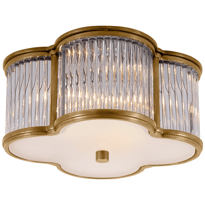 Basil Small Flush Mount in Natural Brass and Clear Glass Rods with Frosted Glass
