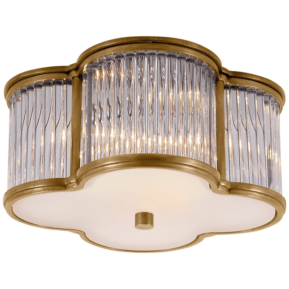 Basil Small Flush Mount in Natural Brass and Clear Glass Rods with Frosted Glass