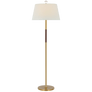 Griffin Large Floor Lamp in Hand-Rubbed Antique Brass and Saddle Leather with Linen Shade