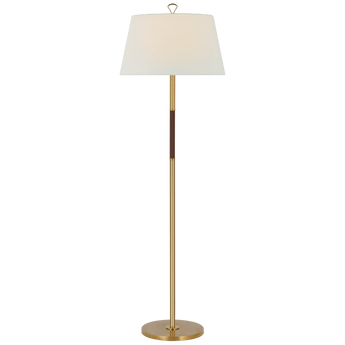 Griffin Large Floor Lamp in Hand-Rubbed Antique Brass and Saddle Leather with Linen Shade