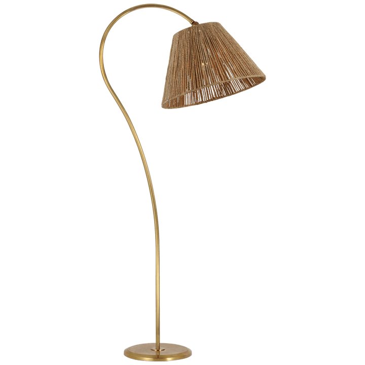 Dume Large Arched Floor Lamp in Hand-Rubbed Antique Brass with Natural Abaca Shade