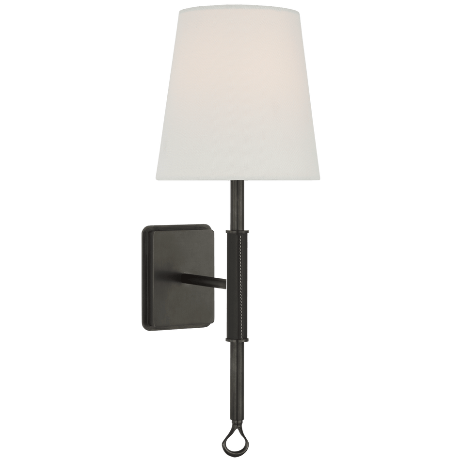 Griffin Sconce in Bronze and Chocolate Leather with Linen Shade