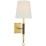 Griffin Sconce in Hand-Rubbed Antique Brass and Saddle Leather with Linen Shade