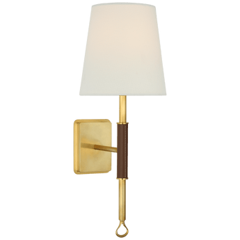 Griffin Sconce in Hand-Rubbed Antique Brass and Saddle Leather with Linen Shade