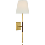 Griffin Tail Sconce in Hand-Rubbed Antique Brass and Saddle Leather with Linen Shade