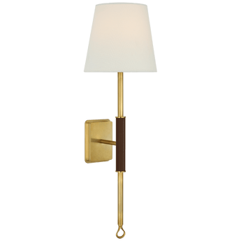 Griffin Tail Sconce in Hand-Rubbed Antique Brass and Saddle Leather with Linen Shade