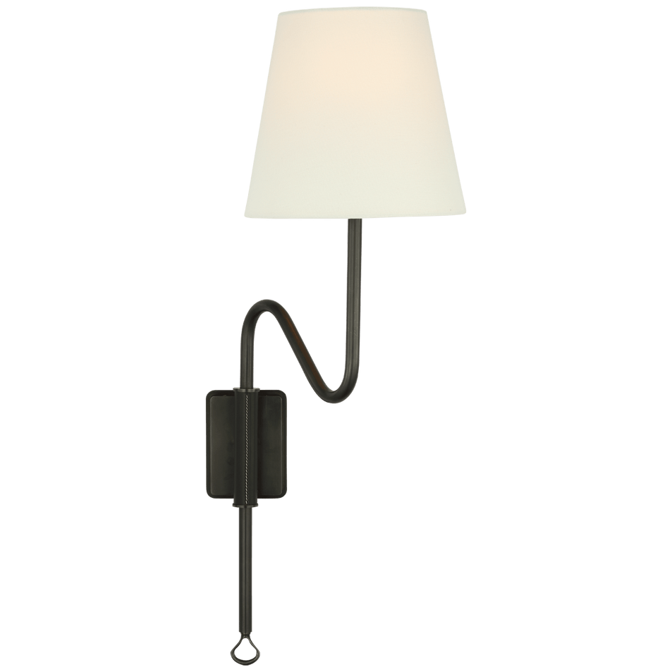 Griffin Articulating Sconce in Bronze and Chocolate Leather with Linen Shade