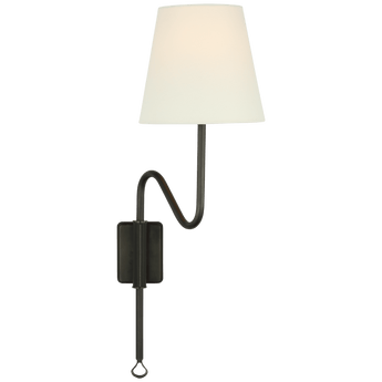 Griffin Articulating Sconce in Bronze and Chocolate Leather with Linen Shade