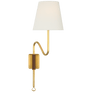 Griffin Articulating Sconce in Hand-Rubbed Antique Brass and Saddle Leather with Linen Shade