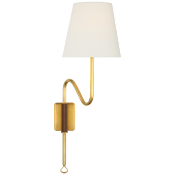 Griffin Articulating Sconce in Hand-Rubbed Antique Brass and Saddle Leather with Linen Shade