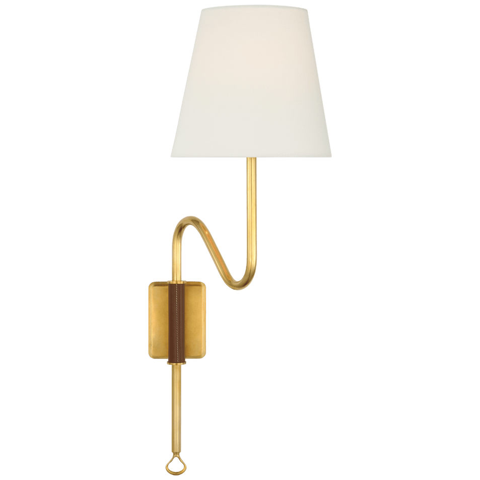 Griffin Articulating Sconce in Hand-Rubbed Antique Brass and Saddle Leather with Linen Shade