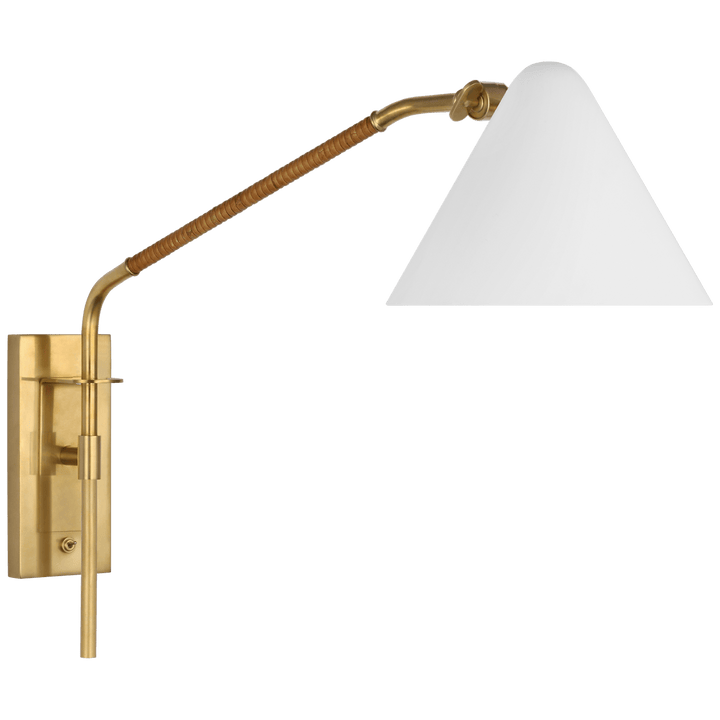 Laken Medium Articulating Wall Light in Hand-Rubbed Antique Brass and Natural Rattan with White Shade