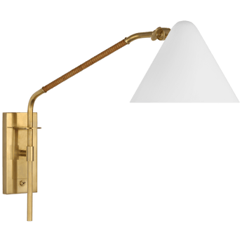 Laken Medium Articulating Wall Light in Hand-Rubbed Antique Brass and Natural Rattan with White Shade