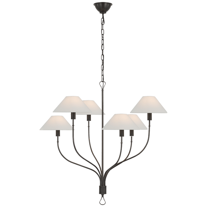 Griffin Large Staggered Tail Chandelier in Bronze and Chocolate Leather with Linen Shades