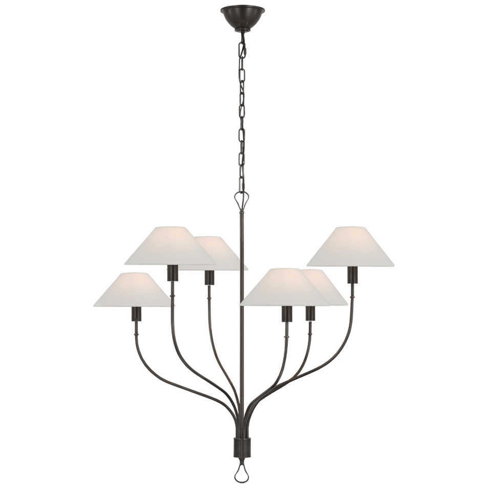 Griffin Large Staggered Tail Chandelier in Bronze and Chocolate Leather with Linen Shades
