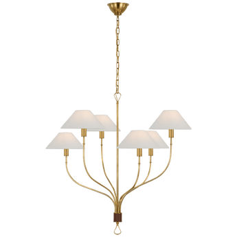 Griffin Large Staggered Tail Chandelier in Hand-Rubbed Antique Brass and Saddle Leather with Linen Shades