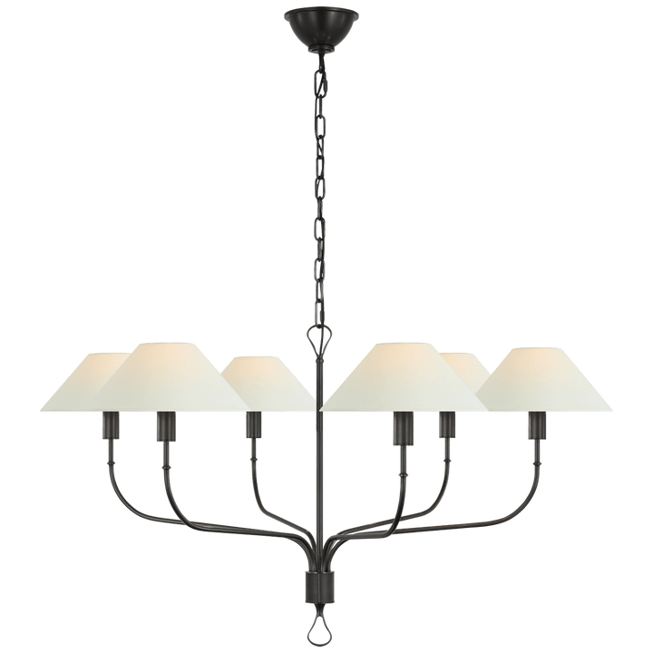 Griffin Extra Large Tail Chandelier in Bronze and Chocolate Leather with Linen Shades