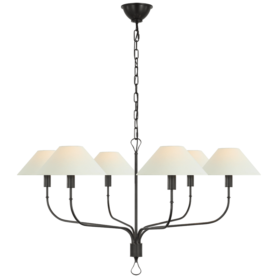 Griffin Extra Large Tail Chandelier in Bronze and Chocolate Leather with Linen Shades