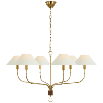 Griffin Extra Large Tail Chandelier in Hand-Rubbed Antique Brass and Saddle Leather with Linen Shades