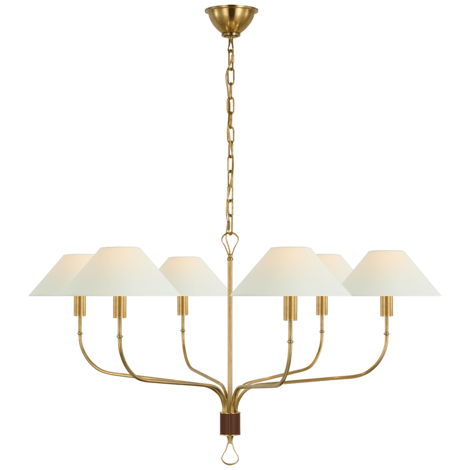 Griffin Extra Large Tail Chandelier in Hand-Rubbed Antique Brass and Saddle Leather with Linen Shades