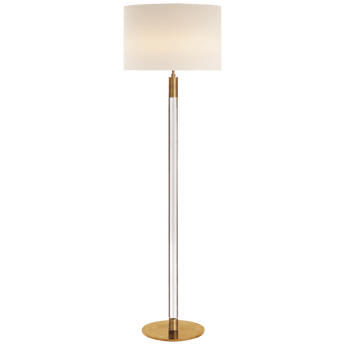 Riga Floor Lamp in Hand-Rubbed Antique Brass and Clear Glass with Linen Shade