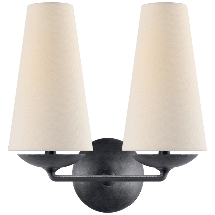 Fontaine Double Sconce in Aged Iron with Linen Shades