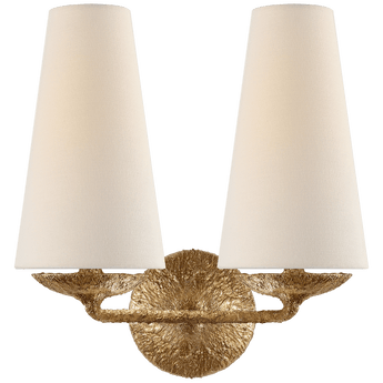 Fontaine Double Sconce in Gilded Plaster with Linen Shades