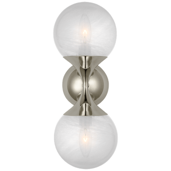 Cristol Small Double Sconce in Polished Nickel with White Glass