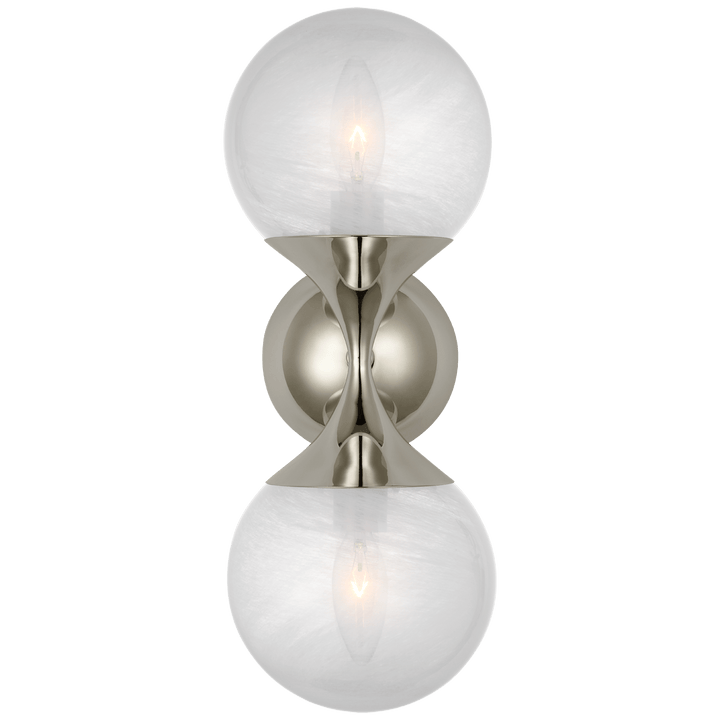 Cristol Small Double Sconce in Polished Nickel with White Glass