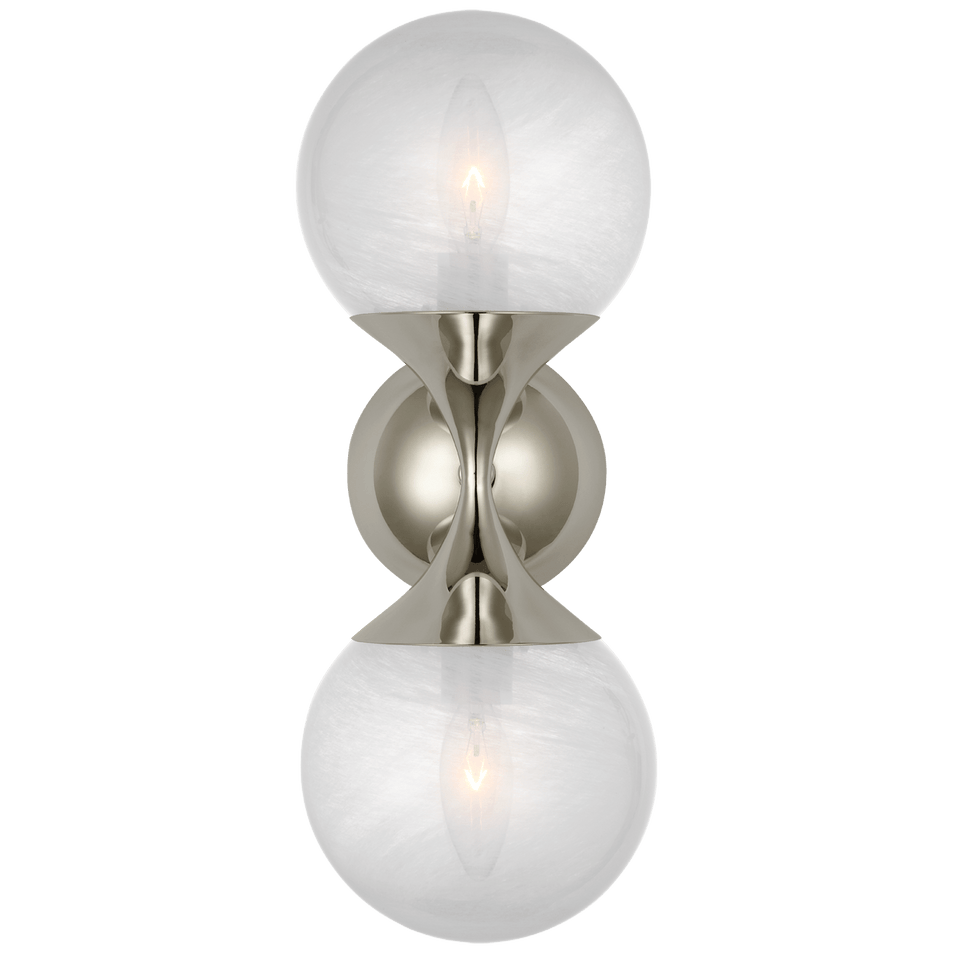 Cristol Small Double Sconce in Polished Nickel with White Glass