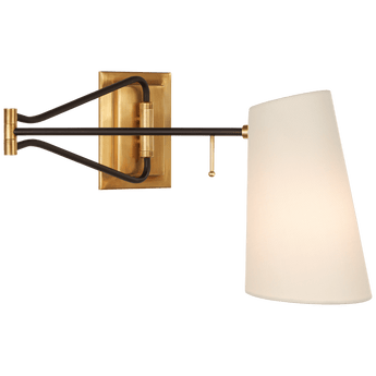 Keil Swing Arm Wall Light in Hand-Rubbed Antique Brass and Black with Linen Shade