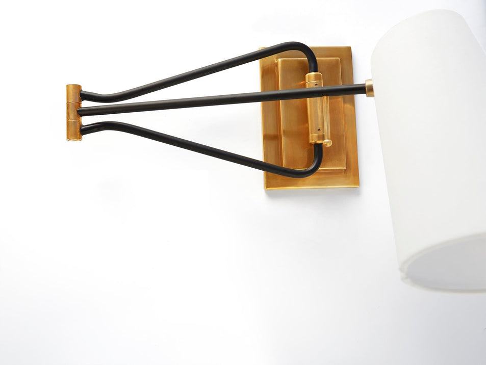 Keil Swing Arm Wall Light in Hand-Rubbed Antique Brass and Black with Linen Shade