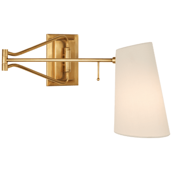 Keil Swing Arm Wall Light in Hand-Rubbed Antique Brass with Linen Shade